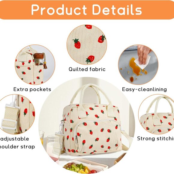 Lunch Bag for Women Insulated Lunch Box Cute Corduroy Lunch Tote Bags Reusable L - Picture 5 of 7